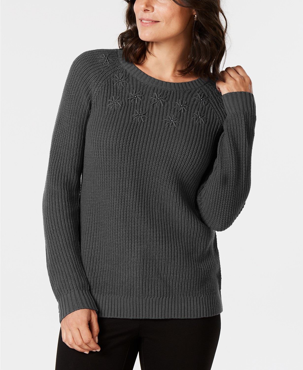 Karen Scott Embroidered Daisy Stud Embellished Sweater - XL