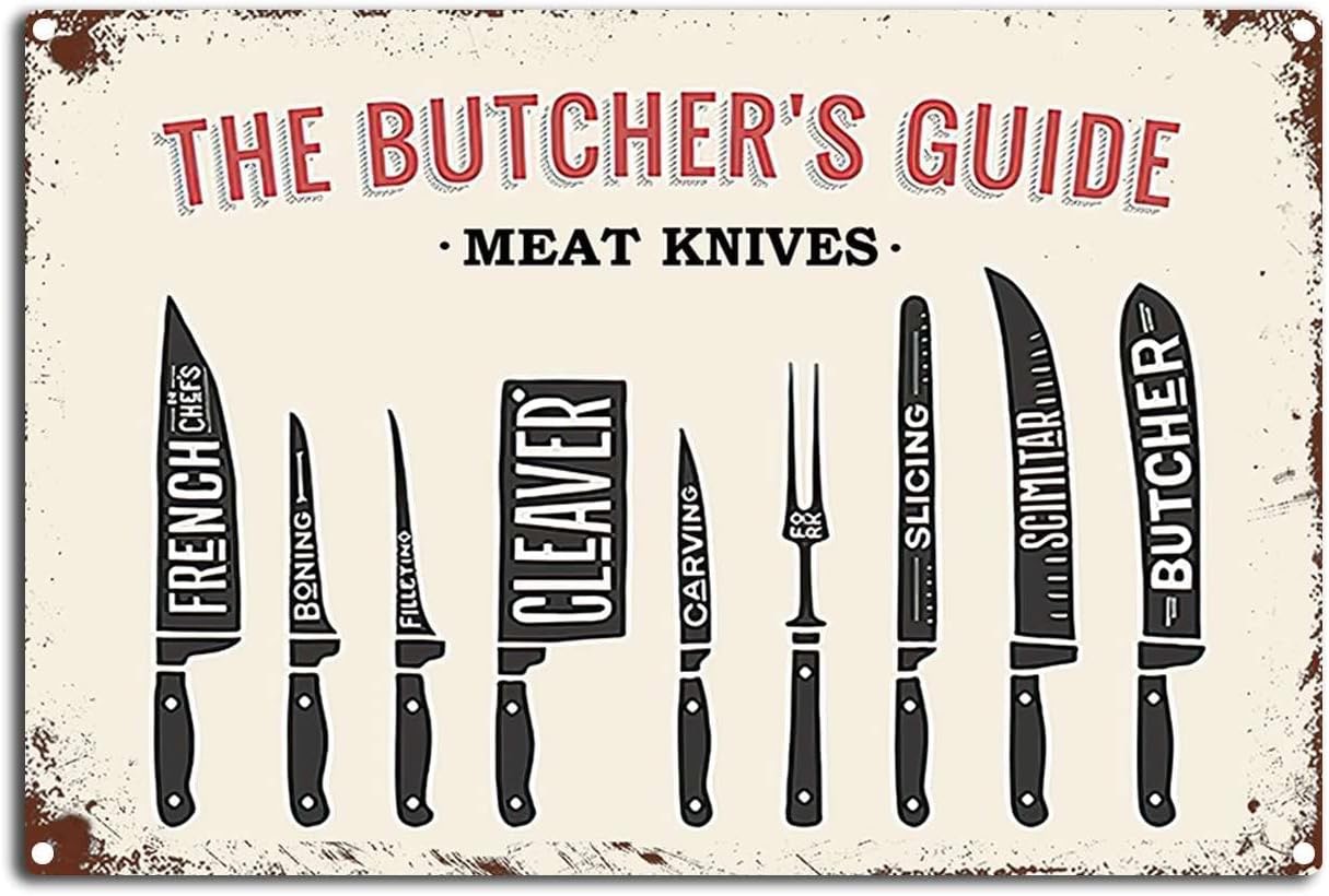 Vintage Metal Tin Sign The Butcher's Guide Meat Knives Wall Art