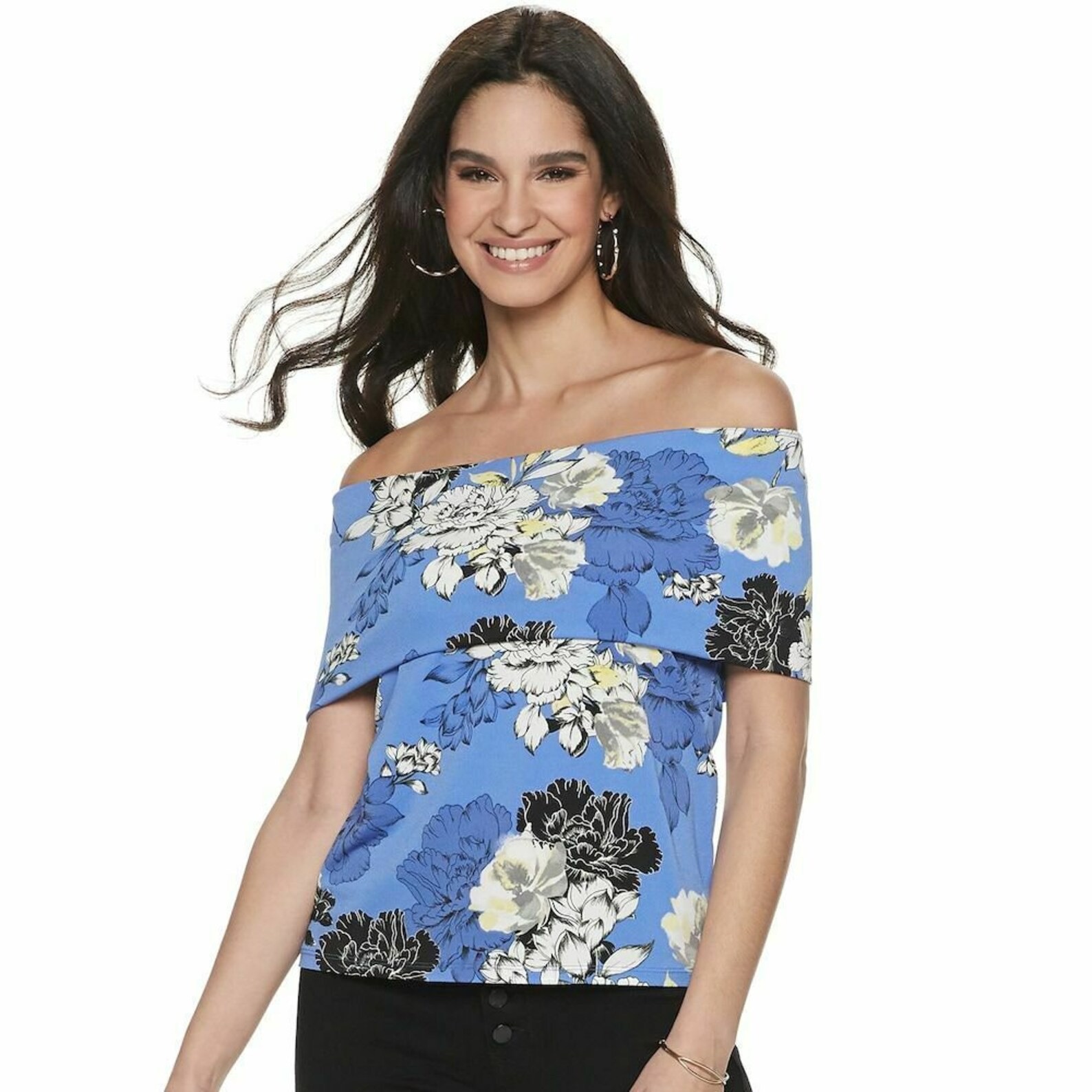 Jennifer Lopez Off Shoulder Top Floral Blue 